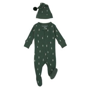 Forest Green Baby Footed One-Piece with Pom Hat